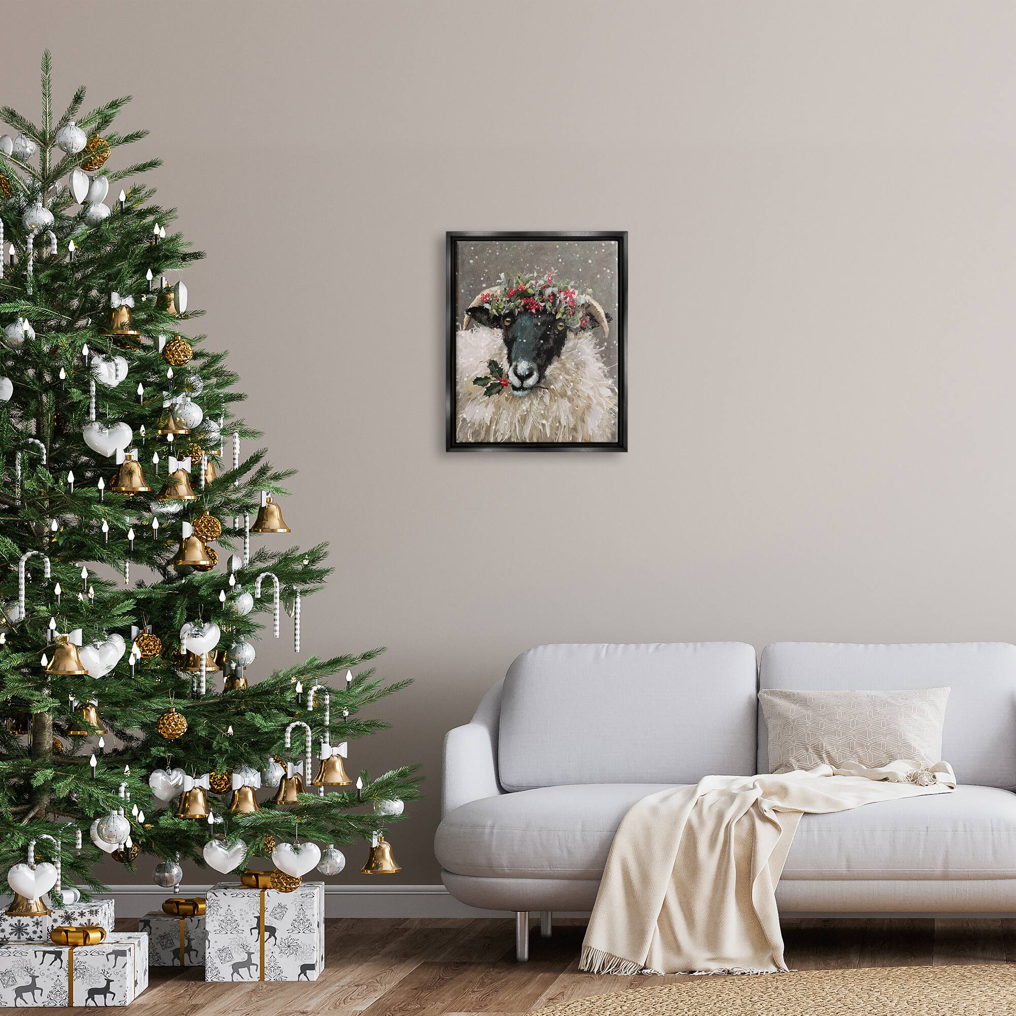 Stupell Industries Holiday Berries Farmhouse Sheep Framed Floater Canvas Wall Art